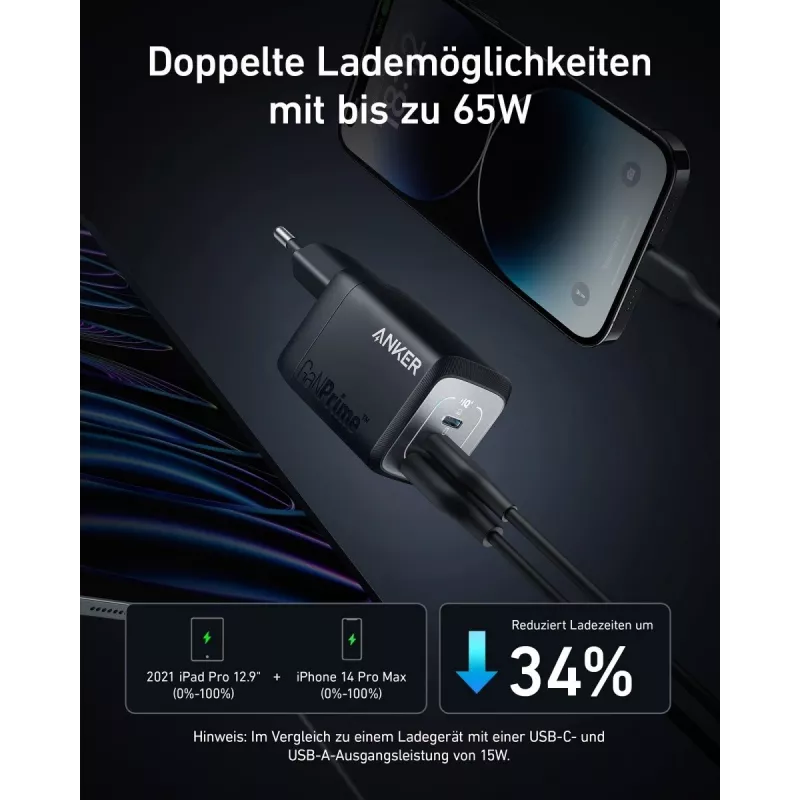 Sisäkäyttöön USB-pikalaturi Anker Prime A2669313 – 67 W, 1×USB-A, 2×USB-C, musta