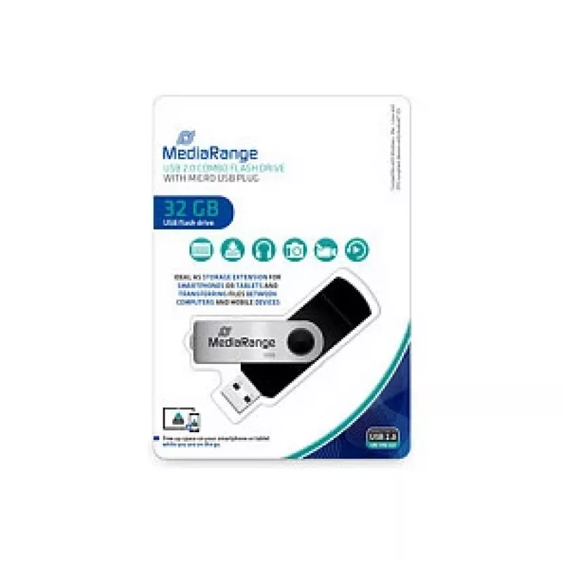 MediaRange MR932 - USB-muistitikku - 32 GB - USB 2.0 / Micro-USB - musta/hopea (MR932-2)