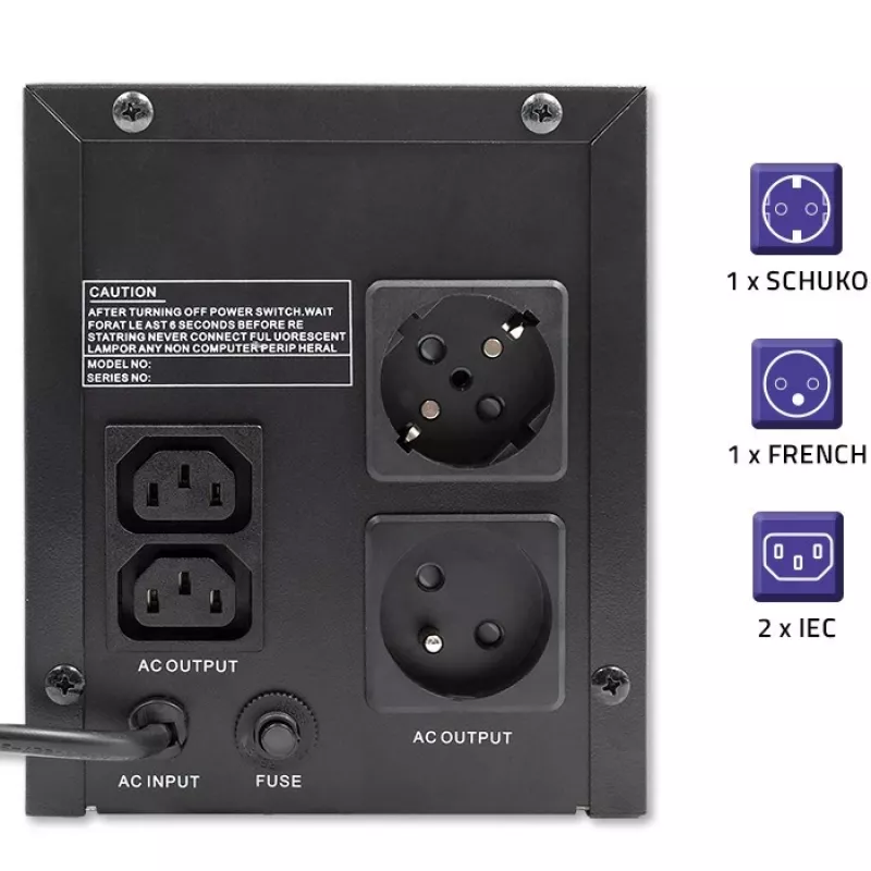 Qoltec Monolith 53775 Line-Interactive UPS-laite, 1200 VA (1,2 kVA) / 720 W, AVR, 4 AC-pistorasiaa, musta