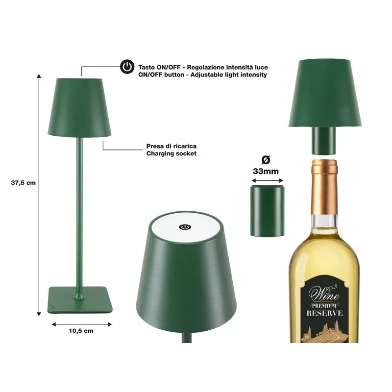 Beper P201UTP115 ladattava LED-pöytävalaisin, 1,5 W, kosketuskytkin, himmennettävä, 33 mm pullosovitin, vettä kestävä, vihreä