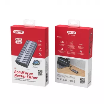 SSD-kotelo Unitek SolidForce Reefer harmaa – M.2 NVMe PCIe, USB‑C 10 Gbit/s, alumiini, 1 asema