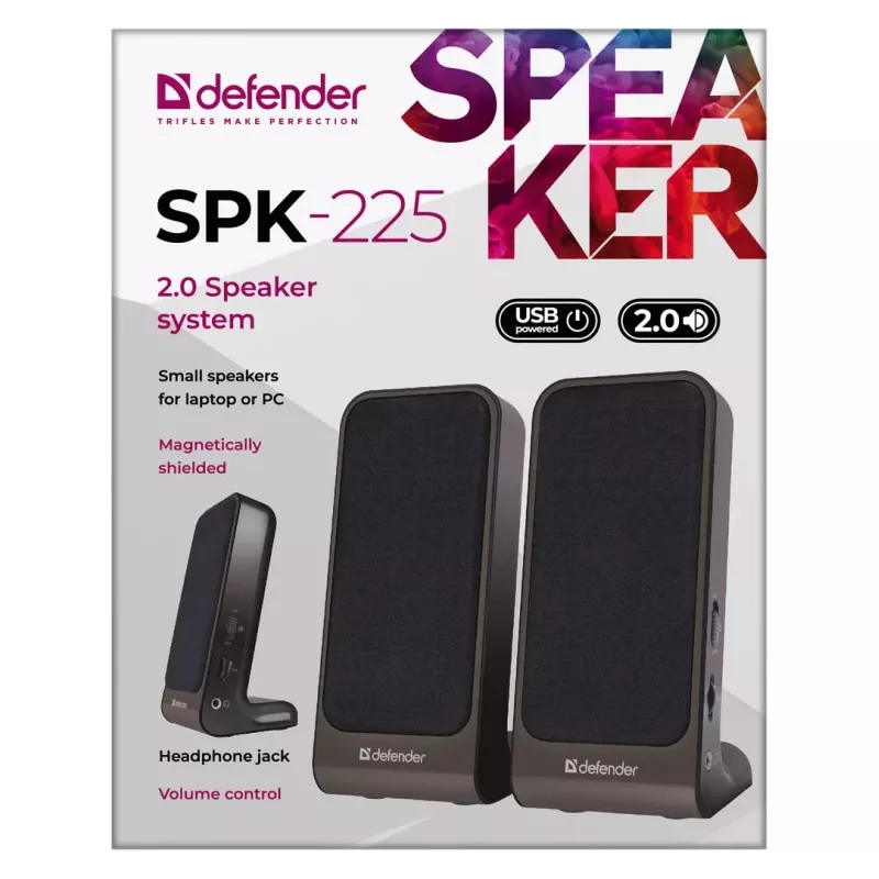 DEFENDER SPK-225 johdolliset 2.0-kaiuttimet, 4 W RMS, USB/DC 5 V, 3,5 mm, musta