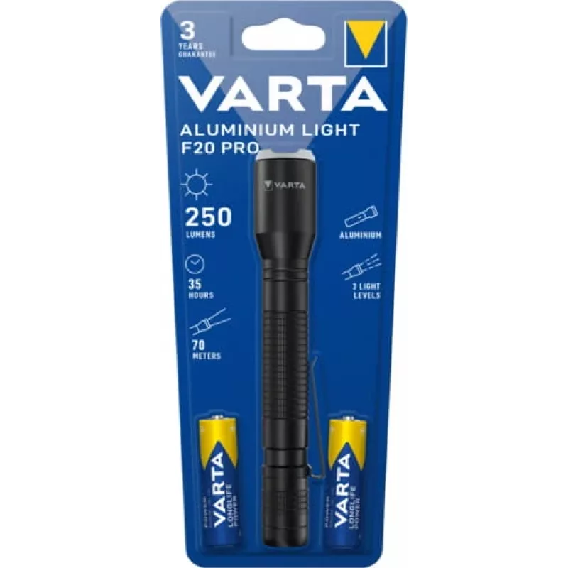 Varta 16607101421 Aluminium Light F20 Pro LED-taskulamppu, 3 valotilaa, musta