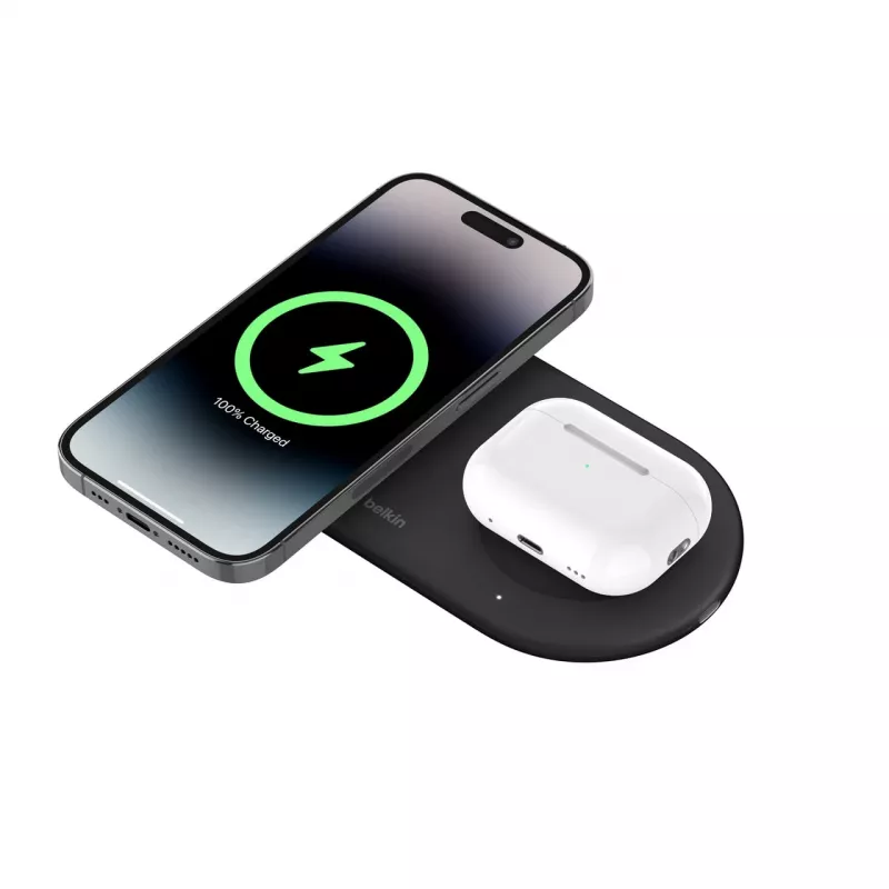 Belkin WIZ021VFBK – 2-in-1 langaton latausteline Qi2-teknologialla 15 W, musta