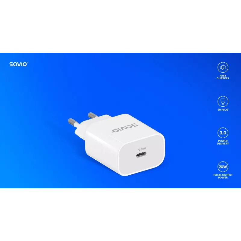 Seinäkiinnitteinen laturi 20W LA-09 USB-C QC, PD 3.0 Savio SAVLA-09
