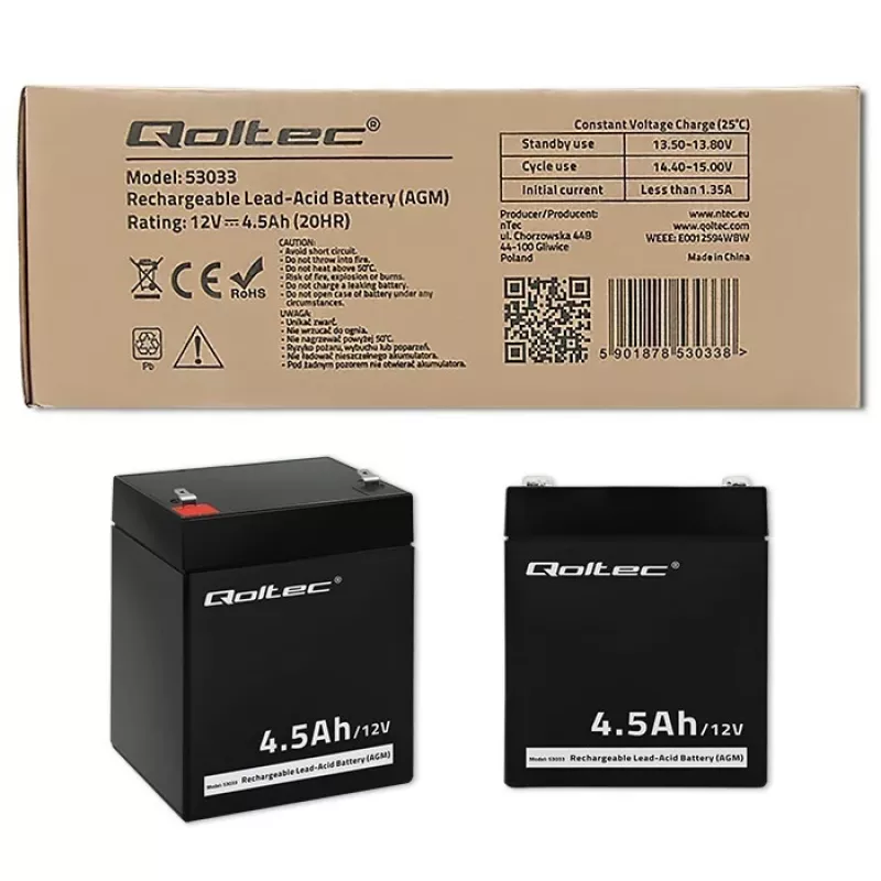 Qoltec 53033 AGM-akku 12 V 4,5 Ah, maks. 1,35 A, huoltovapaa