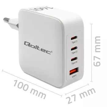 Laturi QOLTEC 51828 140W GaN 3×USB‑C PD + 1×USB‑A QC 3.0 – moniporttinen pikalaturi