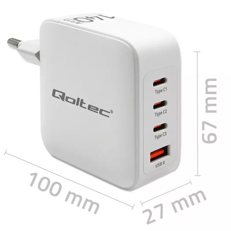 Laturi QOLTEC 51828 140W GaN 3×USB‑C PD + 1×USB‑A QC 3.0 – moniporttinen pikalaturi