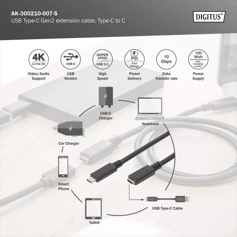 USB Type-C -jatkokaapeli Digitus AK-300210-007-S 0,7 m