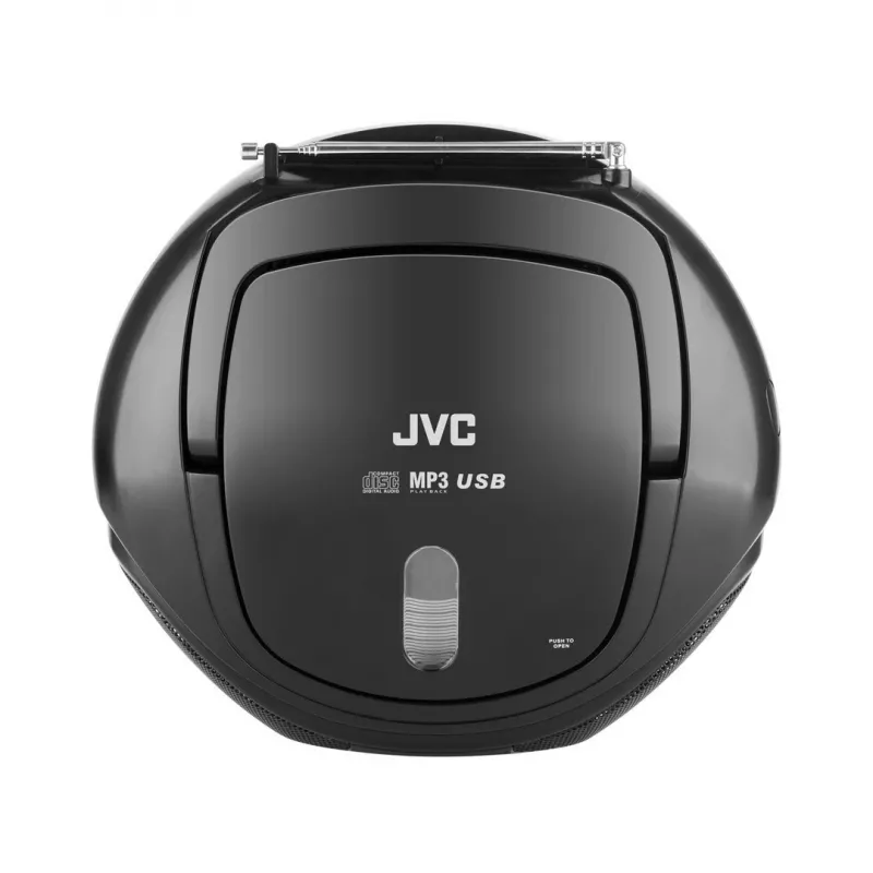 Kannettava CD-soitin JVC RD‑E221B — musta, CD/MP3, kasettidekki, USB-toisto, UKW-radio, AUX, paristo-/verkkovirta