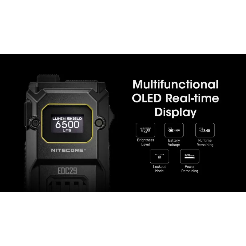 Käsivalaisin Nitecore EDC29 ruostumaton teräskotelo, 2 LEDiä, 15–6500 lm, IP54, USB ladattava