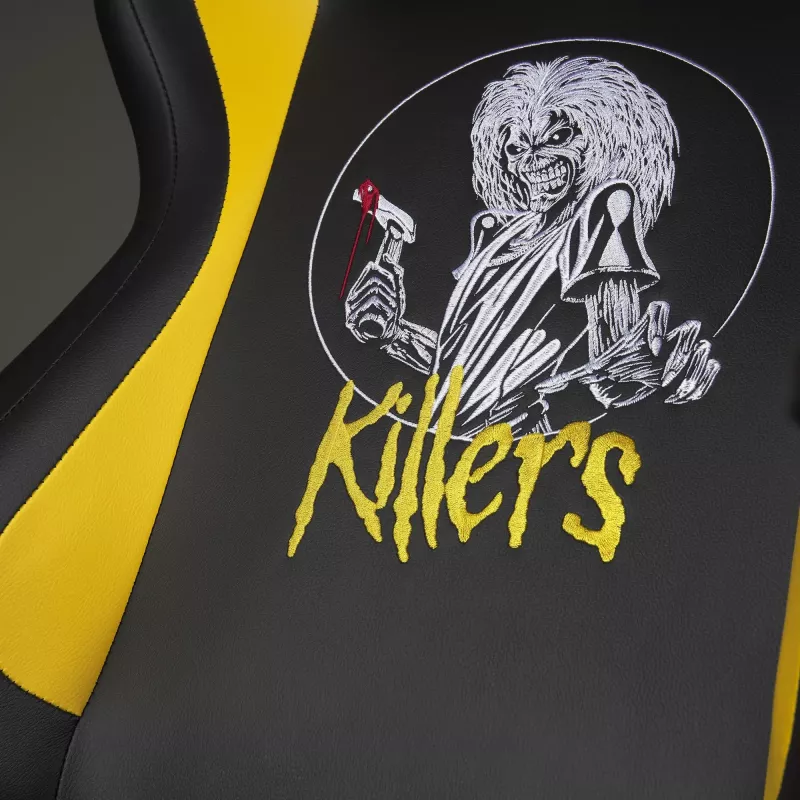 Subsonic SA5609-IM1 Pro Iron Maiden Killers pelituoli, 3D-käsinojat, tekonahka, kallistus 90°–135°, 120 kg, musta keltaisella kirjonnalla