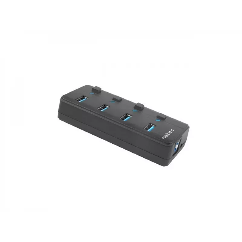 Natec Mantis 2 NHU-1557 4-porttinen USB 3.0 -hubi, USB Type-B -tulo, virtakytkimet, verkkolaite, musta