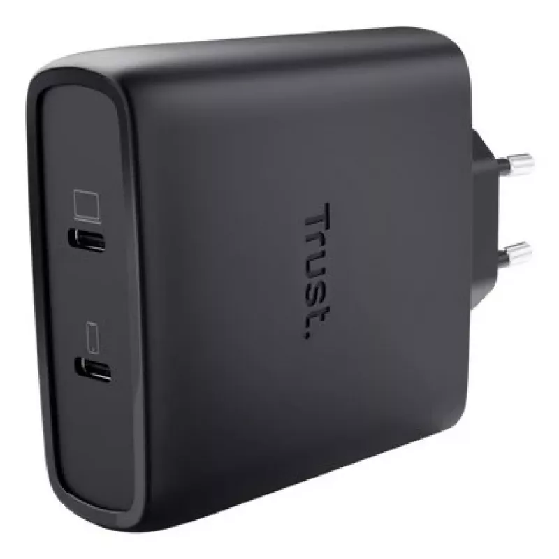 TRUST Maxo 100W 2-porttinen USB-C GaN laturi — 100 W, 2× USB-C, max. 20 V, 2 m kaapeli, musta