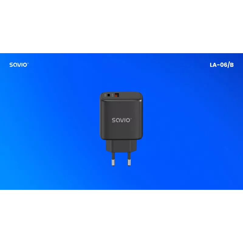 SAVIO LA-06/B 30 W seinälaturi, USB-A + USB-C, Quick Charge, Power Delivery 3.0, musta