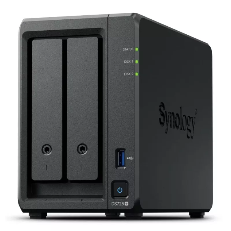 NAS Synology DiskStation DS725+ 2-Bay Ryzen R1600 4GB DDR4 ECC, 2.5GbE, 2x M.2, RAID-tuki, 0TB, musta
