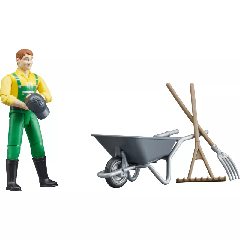 Figuurisetti maanviljelijä tarvikkeineen, leikkifiguuri