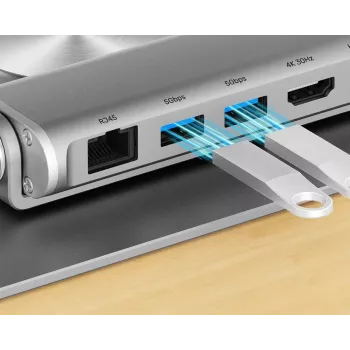 Kannettavan teline Unitek D1109B01 — säädettävä alumiiniteline irrotettava USB-C HDMI 4K PD 100W, 2x USB-A, RJ-45, enintään 17 tuuman näytöille