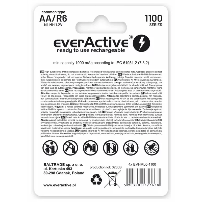 Uudelleenladattavat NiMH-akut everActive EVHRL6-1100 1,2 V 1100 mAh — 4 kpl, sylinterimäinen