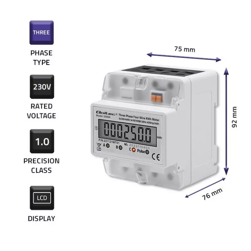 Kolmivaiheinen elektroninen energiamittari QOLTEC 50900 400V LCD 4P