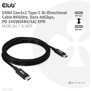 CLUB3D USB4 Gen3x2 Type-C kaksisuuntainen kaapeli 8K60Hz, data 40Gbps, PD 240W(48V/5A) EPR M/M 2m / 6.56ft