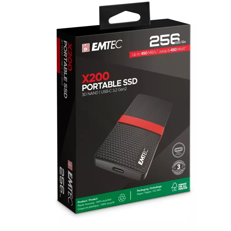 SSD Emtec 256GB USB Type-C 3.2 Gen 1 musta punainen X200