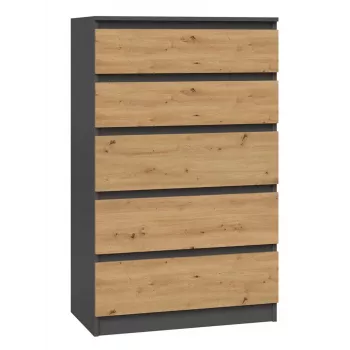 Kommode Topeshop M5 ANTRACYT/ARTISAN 5 laatikkoa, antrasiitti tammi, 700×1095×400 mm