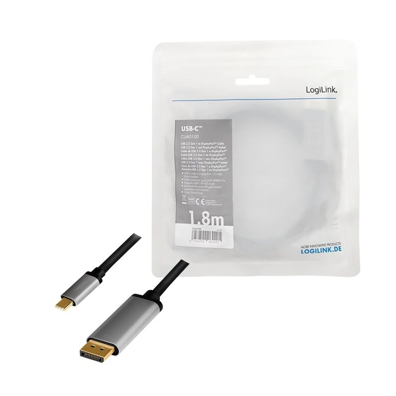 LogiLink CUA0100 kaapeliadapteri DisplayPort USB 3.2 Gen1 Type-C 1,8m musta harmaa