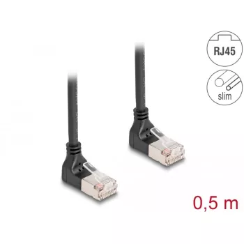 Verkkokaapeli DeLOCK RJ45 Cat.6A S/FTP ohut 90° ylöspäin 0,5 m musta