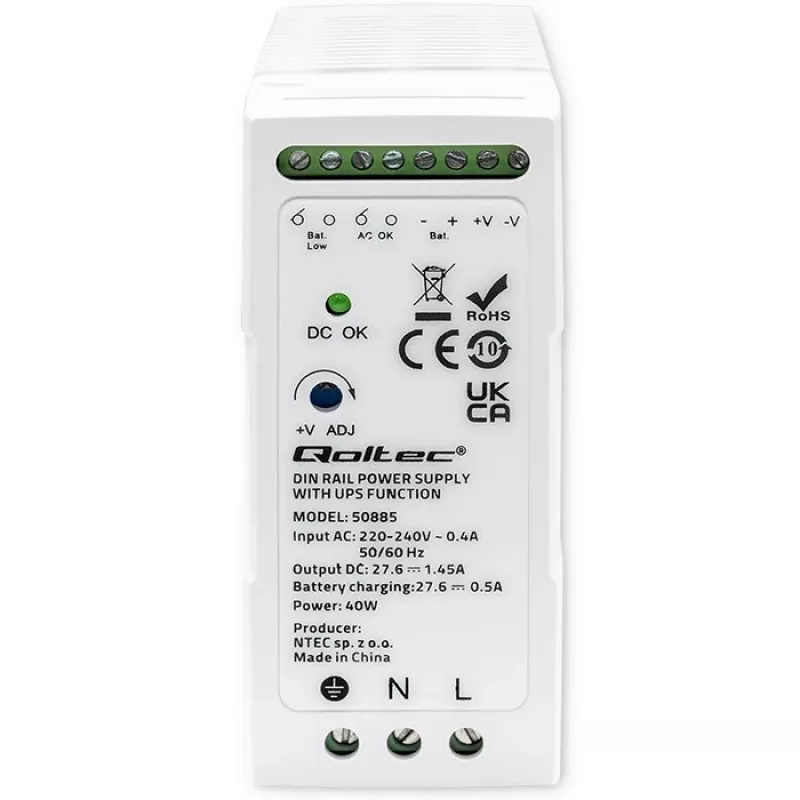 Qoltec 50885 tukeva DIN-kiskovirtalähde UPS-toiminnolla | 40W