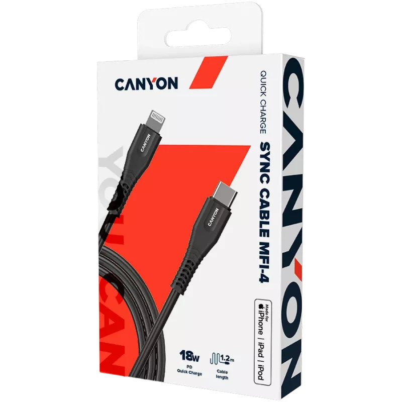 CANYON kaapeli MFI-4 Type-C - Lightning 1,2 m musta
