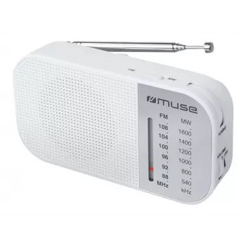Muse M-025 RW kannettava radio — analoginen UKW/MW, valkoinen, paristokäyttöinen, ulkoinen antenni