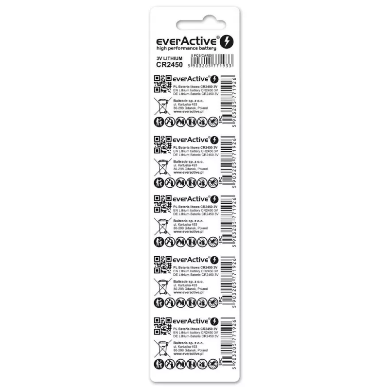 Nappi-/nappiparisto litium everActive CR2450, 3 V, 5 mm korkeus — 5 kpl:n pakkaus