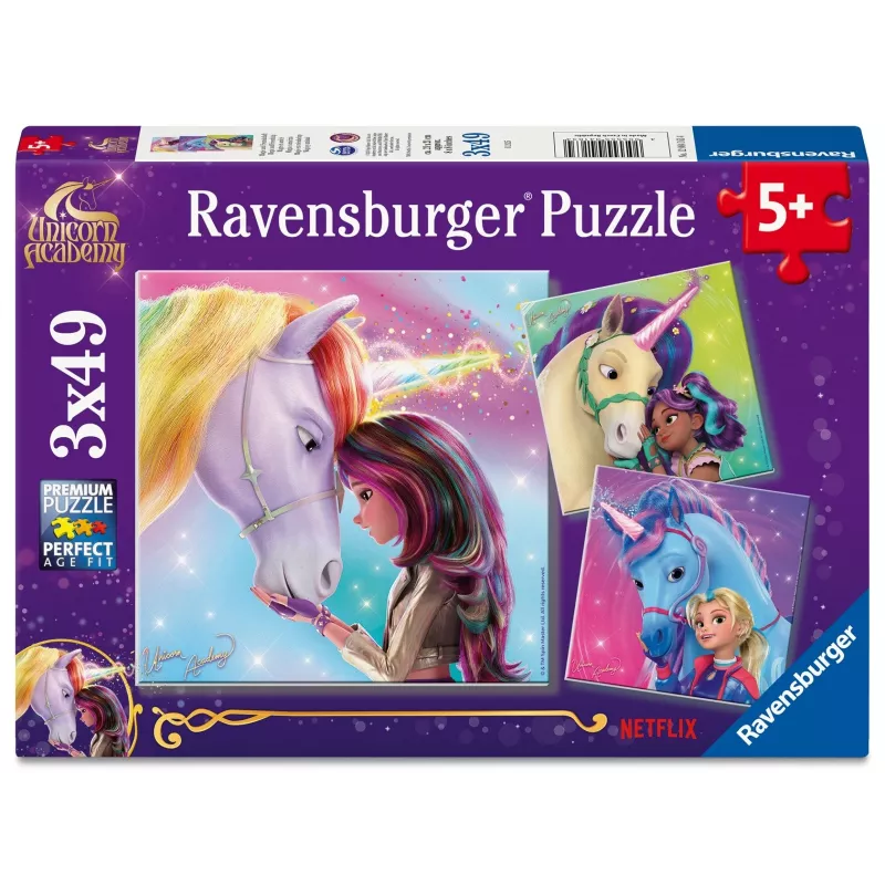 Palapeli Ravensburger Unicorn Academy – 3 x 49 palaa, setti lapsille