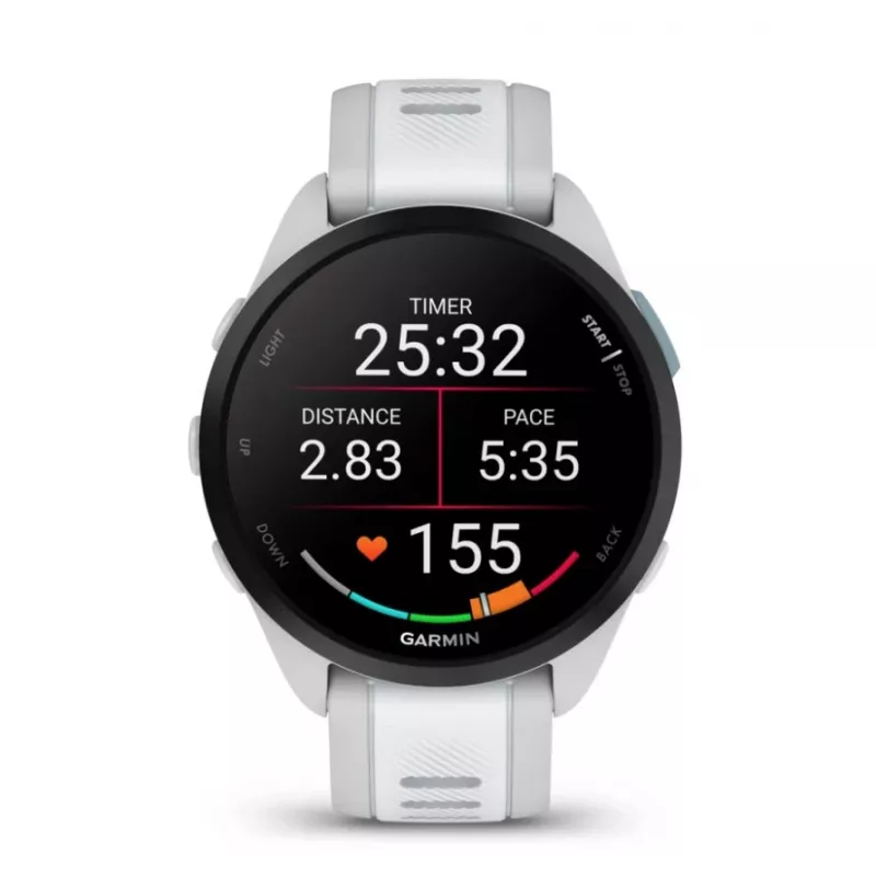 Älykello GARMIN Forerunner 165 — GPS, AMOLED 1,2 inch, 4 GB, 5 ATM, 11 päivän akku, harmaa kotelo, valkoinen ranneke