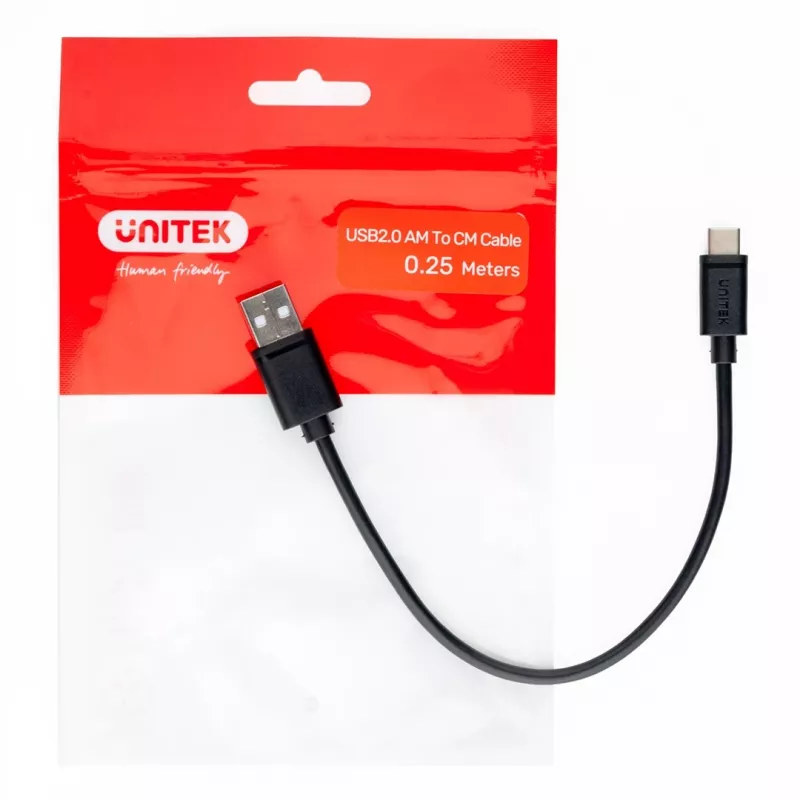 UNITEK USB-KAAPELI USB-A — USB-C 25CM, Y-C480BK