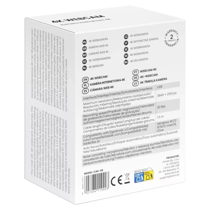 Savio CAK-06-verkkokamera 3840 x 2160 pikseliä USB musta
