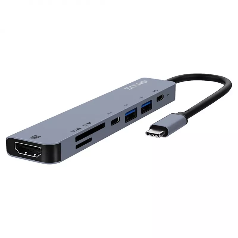 USB Type-C -keskitin SAVIO AK-82 HDMI:llä, MicroSD, USB 3.2 Gen1, PD-läpivienti, 4K@30Hz, 5000 Mbit/s, musta