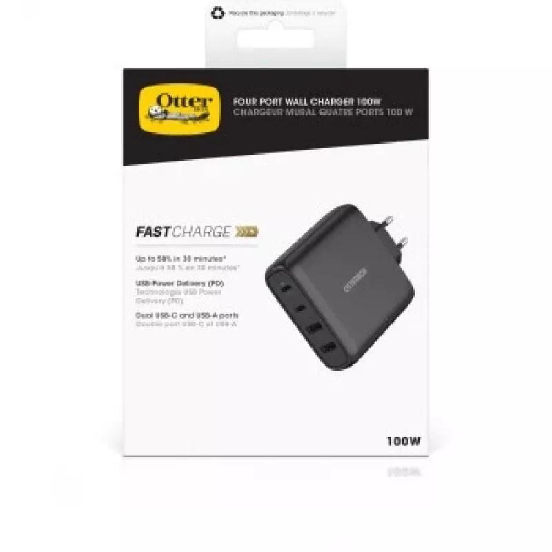 Seinänturi OTTERBOX 78-81343 100W GaN 2× USB-C ja 2× USB-A liitännöillä