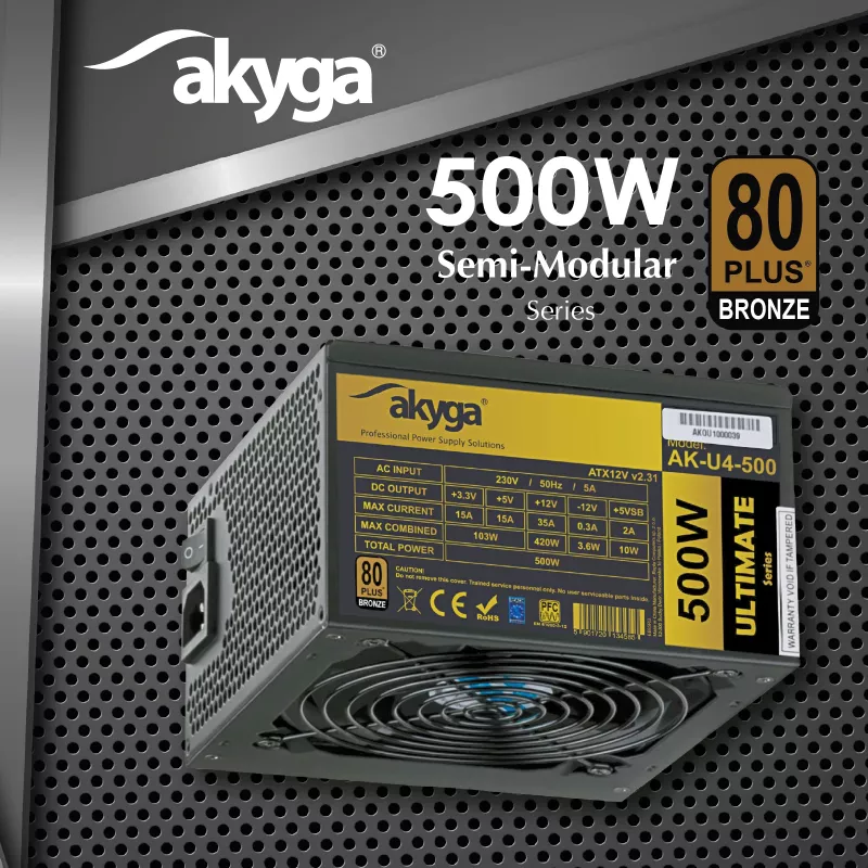 Akyga Ultimate AK-U4-500 ATX-virtalähde 500 W, 80 PLUS Bronze, aktiivinen PFC, 120 mm tuuletin