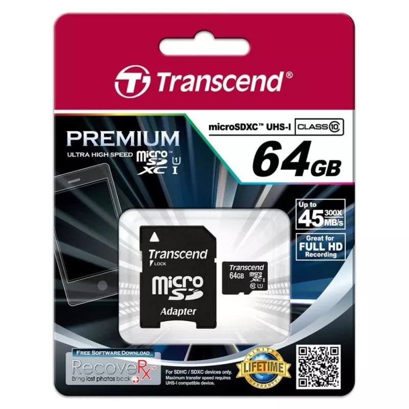 Flash-muisti Transcend 64 GB MicroSDXC UHS-I TS64GUSDU1