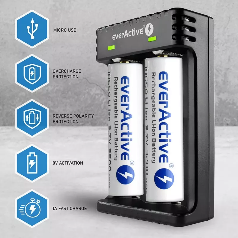 Akkulaturi everActive LC200 kotitalous USB, 2 paikkaa, Li-Ion, tukee A/AA/AAA/AAAA/C/D, 5 V tulo, 4,2 V lähtö, musta