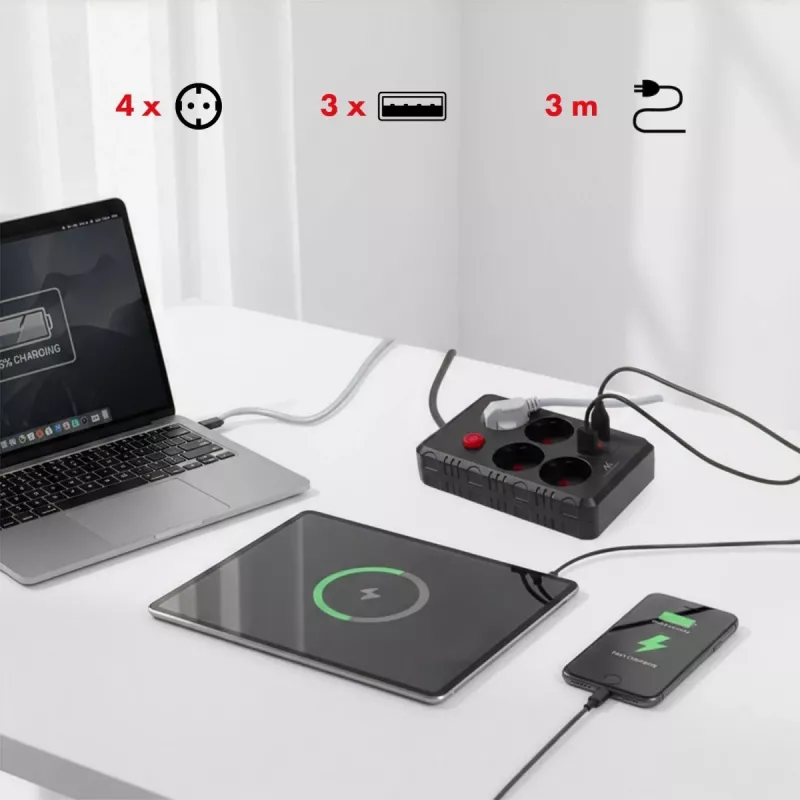MACLEAN MCE393 B jatkojohto — 4 pistorasiaa, 3×USB, 110–240 V, 2500 W, 3 m kaapeli, musta