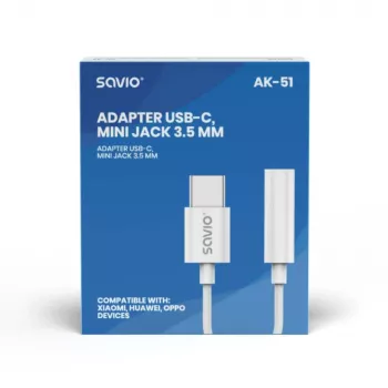 USB Type 3.1 C (M) – 3,5 mm Jack (F) audioadapteri valkoinen SAVIO AK-51