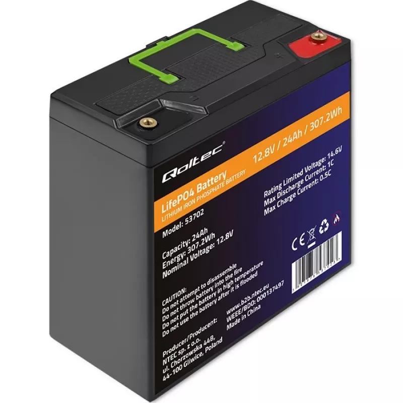 Qoltec 53702 LiFePO4 litium-rautafosfaattiakku | 12,8V | 24Ah | 307,2Wh | BMS