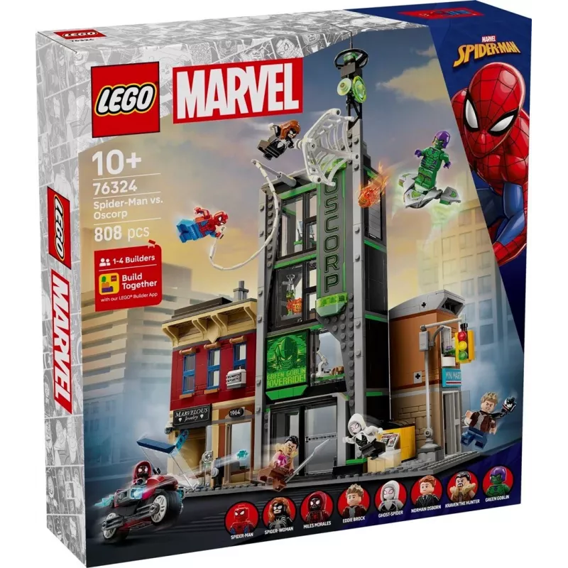 LEGO Marvel -sarja 76324 Spider-Man vs. Oscorp, 808 osaa, 8 minihahmoa, yli 10-vuotiaille