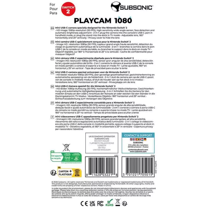 Subsonic Playcam 1080 2in1 HD-minikamera Nintendo Switch 2:lle punainen