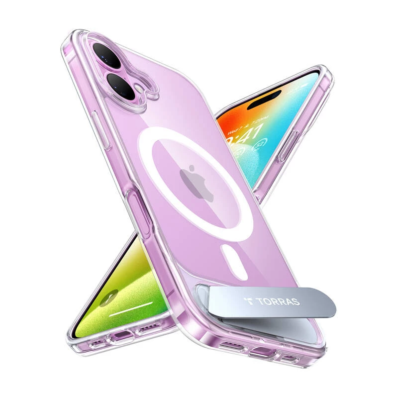 Torras Pstand Series kotelo iPhone 16 Plusille — läpinäkyvä suojakotelo integroidulla jalustalla