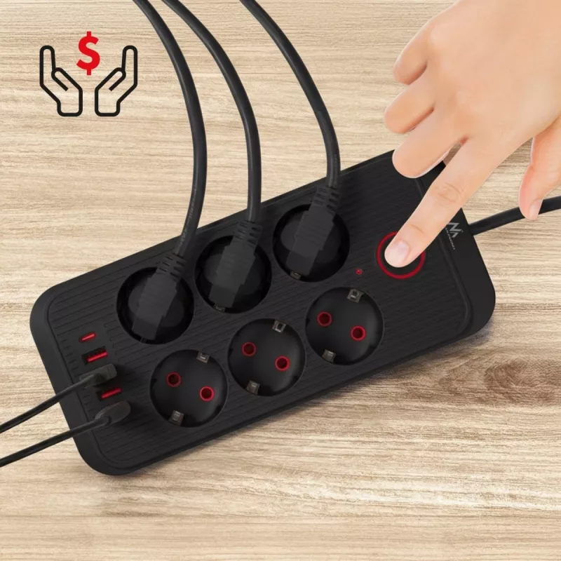 Steckdosenleiste MACLEAN MCE389 B — 6 pistorasiaa, 4×USB-A + 1×USB-C, 110–240V, 2,1A, 2500W, 1,5 m kaapeli, musta