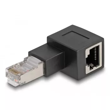 DeLOCK RJ45-uros - RJ45-naaras adapteri Cat.6A 90° vasemmalle kulmaan musta